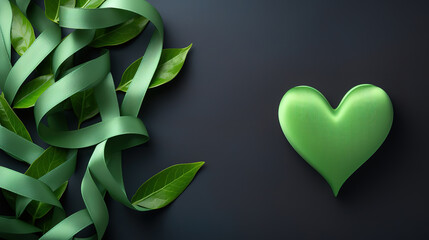 Top view of green color ribbon with tree leaf on dark background. Generative Ai