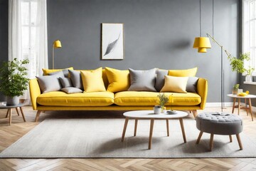 A modern living room with sofa gray and yellow color combination