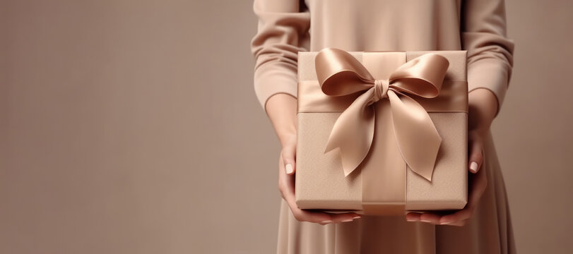 Pastel beige present box wrapped with silk ribbon in woman hands. Christmas, new year, birthday gift. Holidays, shopping and sales concept. Copy space