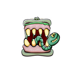 Vector cartoon funny silly zombie monster mouth with rotten teeth and green worm isolated on white background. Vector happy Halloween kids t-shirt design template with funky monster mouth