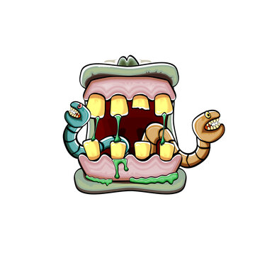 Vector cartoon funny silly zombie monster mouth with rotten teeth and green worm isolated on white background. Vector happy Halloween kids t-shirt design template with funky monster mouth
