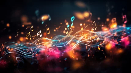 Poster "Capturing the essence of music, this vibrant image showcases musical notes in graceful flight, emerging from a sheet of notation. The dynamic movement of the notes evokes a symphony of sound! AI  © AI Visual Vault