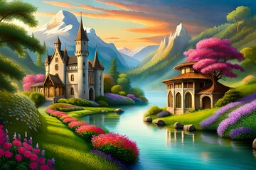 A land of paradise with beautiful gardens, castles, flowers and magical fairies. s background with many flowers in Eden - obrazy, fototapety, plakaty