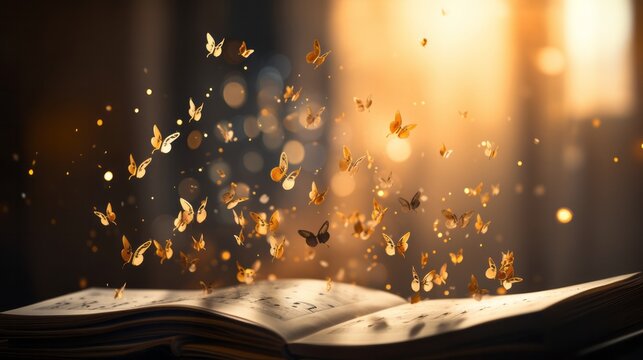 "Capturing the essence of music, this vibrant image showcases musical notes in graceful flight, emerging from a sheet of notation. The dynamic movement of the notes evokes a symphony of sound! AI 