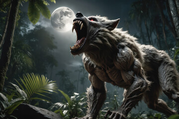 A Werewolf in the dark forest with full moon background. AI Generated.