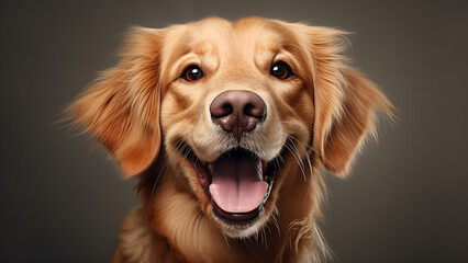 Close-up shot of smiling Golden Retriever on the gray backdrop background
