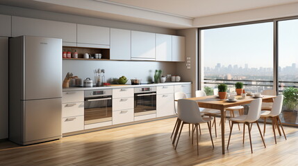 Stylish kitchen interior with dining table and chairs