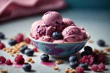 freshly picked blueberry ice cream on green outdoor background. Generative Ai. - obrazy, fototapety, plakaty