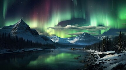 Aurora borealis in the night sky over mountain lake, ai generative
