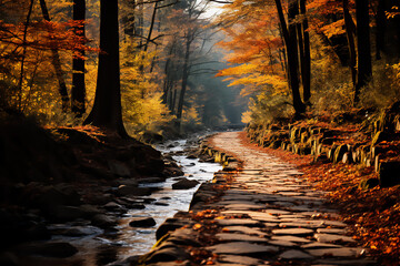 Path in an autumn forest, surrounded by colorful leaves, with a slight mist hanging between the trees
