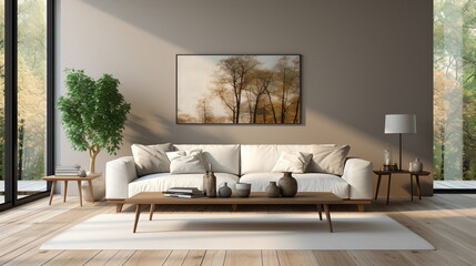 Fototapeta na wymiar Interior of living room with green houseplants and sofas