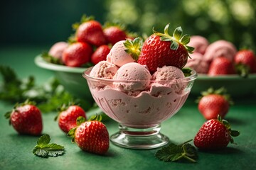 freshly picked strawberries ice cream on green outdoor background. Generative Ai. - obrazy, fototapety, plakaty