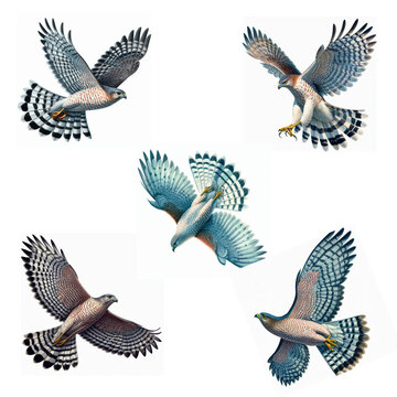A set of Cooper's Hawks flying isolated on a white background