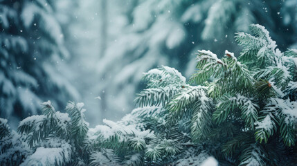 Background of evergreen trees in the forest in winter