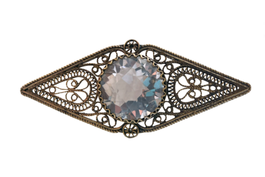 vintage silver filigree brooch with quartz made in USSR 1954 isolated on transparent background