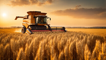 Combine harvester harvests ripe wheat. Harvesting machine in wheat field at sunset. ai generative