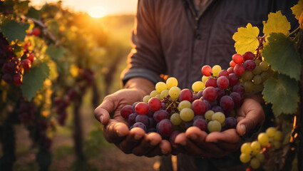Fresh bunch of grapes in the hands of a vineyard farmer with vineyard background and sunset. ai generative - obrazy, fototapety, plakaty