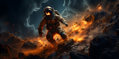 Spaceman or astronaut walking on the Mars.
