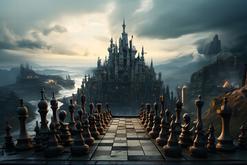 Ancient chess pieces on chessboard. Fantastic battlefield - obrazy, fototapety, plakaty