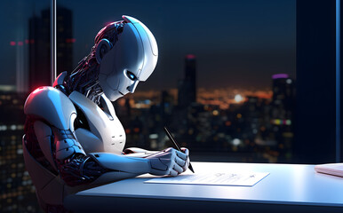 Robot writing. Concept of AI writing assistant. - obrazy, fototapety, plakaty