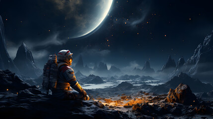 Spaceman or astronaut sitting on the moon. - obrazy, fototapety, plakaty