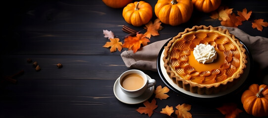 Fresh pumpkin pie and a cup of coffee on wooden background - obrazy, fototapety, plakaty