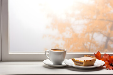 Fresh pumpkin pie and a cup of coffee near window at autumn season - obrazy, fototapety, plakaty