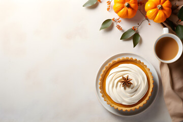 Top down view of fresh pumpkin pie and cup of coffee
