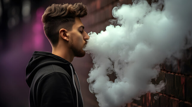 Cloudy smoke coming out of the mouth of a smoker. Concept of heavy smoking, chain smoker or vaping.