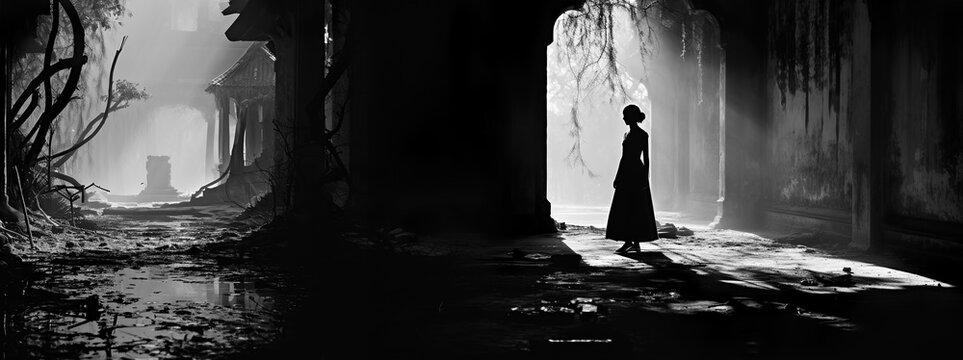 Silhouette Of A Girl Standing On The Terrace In The Sun.  Illustration On The Theme Of Cinema And Man, Illustrations And Photographs, Mood And Lighting.
