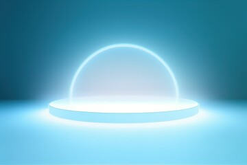 Minimal and sophisticated abstract background, ideal for product presentations, showcasing a serene light blue hue and a captivating circular neon glow, adding a futuristic touch