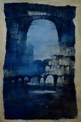 minimal ancient aquaduct painting in indigo ink with Gum bichromate on Fabriano paper abraded highly detailed  - obrazy, fototapety, plakaty