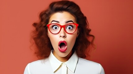 Portrait of a surprised young woman in glasses on a red background. ai generative - obrazy, fototapety, plakaty