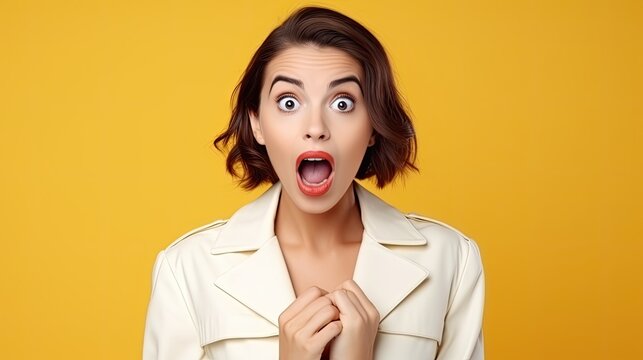 Surprised woman with open mouth and shocked facial expression on yellow background. ai generative