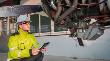 Technician fixing the engine of the airplane,Female aerospace engineering checking aircraft engines,Asian mechanic maintenance inspects plane engine