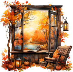 Watercolor Auntumn Windows Clipart Fall Holiday Scenes Card Making Seasonal autumn leaves Cozy Fall farmhouse