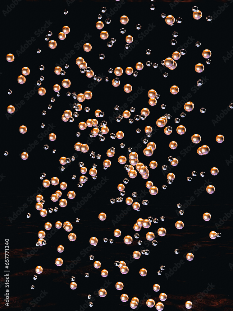 Poster 3d render abstract floating golden balls on black background. primitive shapes, minimalistic design,