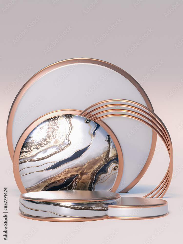 Poster empty cylinder podium with round frame isolated on beige background. abstract minimal studio 3d geom