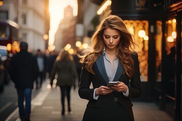 An elegant white businesswoman dressed in a suit using her mobile phone on a city street. Concept: Do business anywhere. Women empowerment. - obrazy, fototapety, plakaty