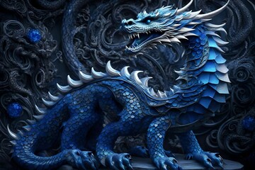 Generate an image of an intricately carved dragon sculpture made entirely of shimmering sapphires