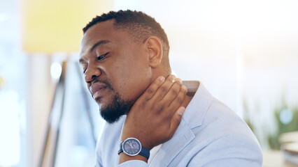 Black man, neck pain and injury at office in stress, pressure or burnout from mistake or anxiety....