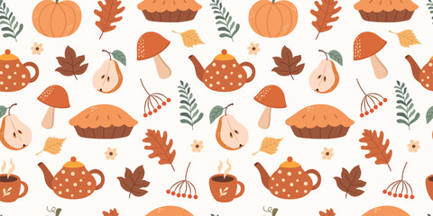 Autumn pattern thanksgiving day with elements of autumn and tea drinking