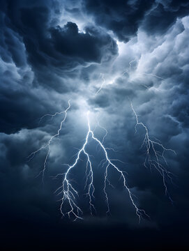 lightning storm in the sky, sky background with cumulonimbus clouds, lightning and rain, bad weather, hurricane, sky with grey clouds, dark clouds