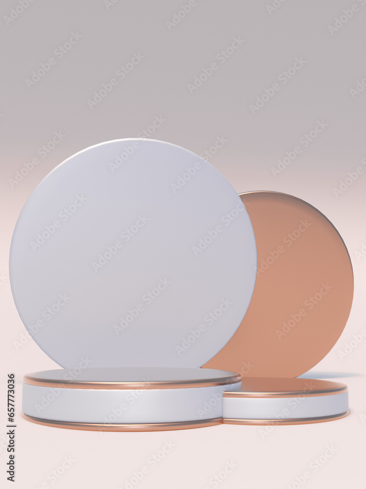 Poster 3d minimal golden white podium with round frame isolated on beige background. abstract minimal geome
