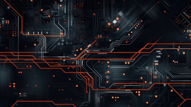 Neon glowing abstract microcircuit board background. Black Friday sale, cyber Monday concept. Chip illuminated with neon light illustration. Futuristic technology wallpaper for banner, poster, card.