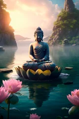 Zelfklevend Fotobehang A Buddha statue sitting on top of the water in the middle of water lilies. Generative AI © Oleksandr