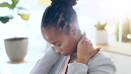 Black woman, neck pain and injury at office in stress, pressure or burnout from mistake or anxiety....