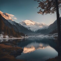 Majestic Beauty: Serene Lake Nestled Amongst Snow-Capped Mountains