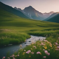Serene Mountain Valley: A Majestic Landscape with Vibrant Flowers and a Peaceful Stream