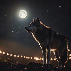 Lone Wolf Howling at Silvery Moon on Serene Hilltop - Enchanting Nature